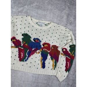 Principles Sweater Mens Medium White Knit‎ Vtg 80s Birds Nature Parrots Boxy
